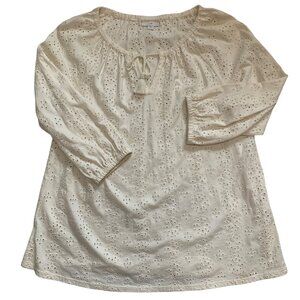 J. Jill Lace Eyelet Tie Front Tunic 3/4 Sleeves Sz Small White Coastal Boho